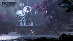 A purple-blue scene with a video game character running past what looks like dome-topped buildings