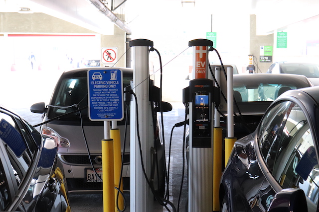 Recharging electric cars parked on Calstate LA campus.